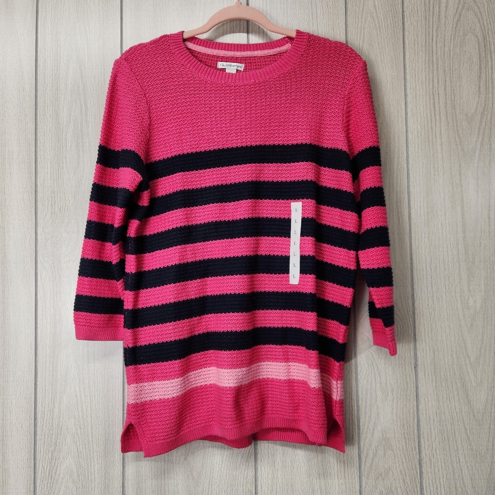 Pink and Navy Striped Sweater 3/4 Sleeves Women's Large